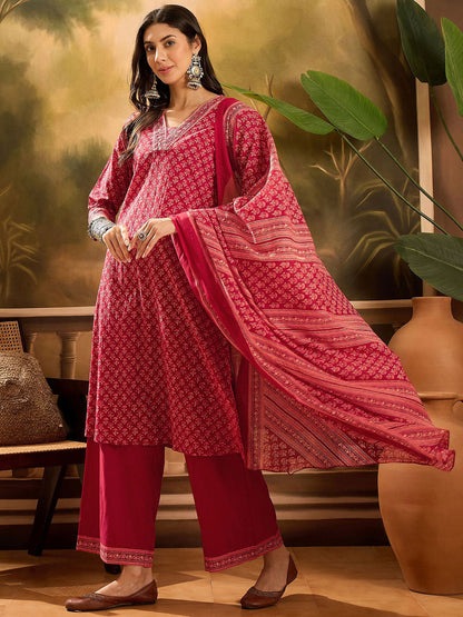 Floral Printed Pure Cotton Straight Kurta With Palazzos & Dupatta Set