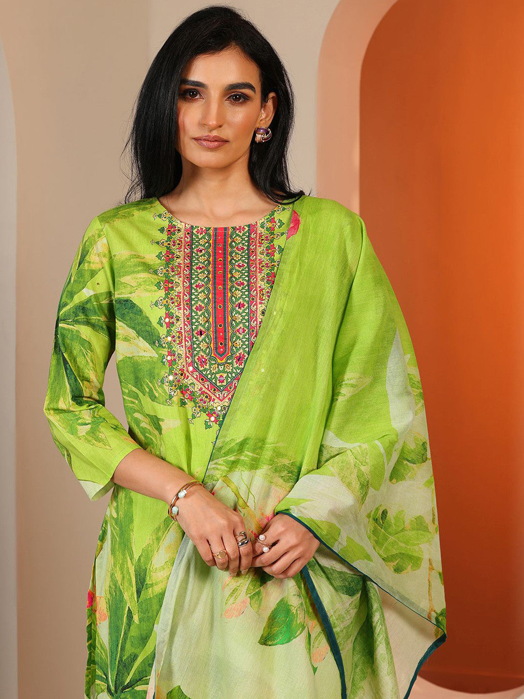 Floral Printed Thread Work Kurta With Trousers & Dupatta