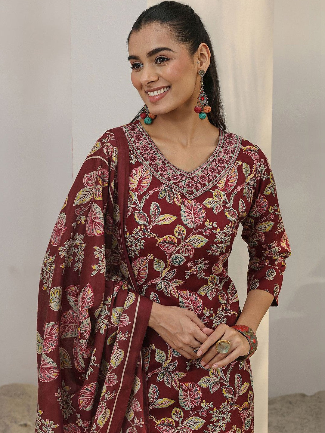 Libas Maroon Floral Printed Cotton Blend Straight Suit Set With Dupatta
