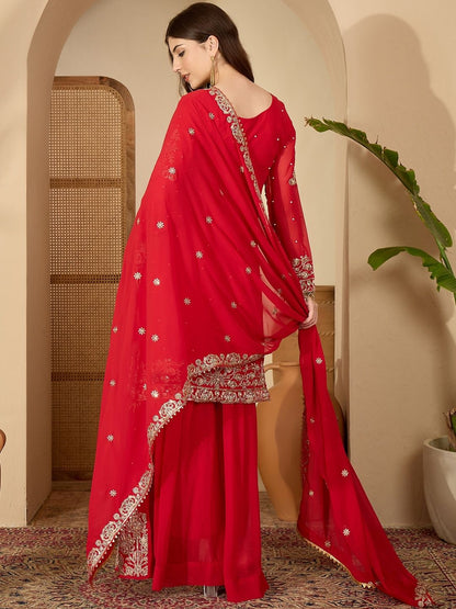 Dhiyona SN Red Faux Georgette Coding & Sequence With Pearl Work Kurta Sharara And Dupatta