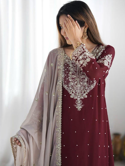 Dhiyona KL Women Embroidered Regular Sequinned Kurta with Sharara & With Dupatta