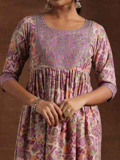 Women's LB Purple Printed Silk Blend A-Line Kurta With Trousers & Dupatta