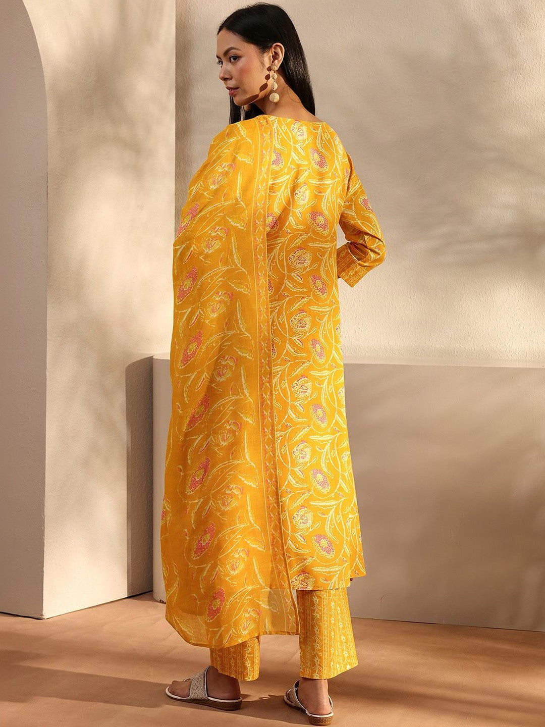 Libas Yellow Floral Printed Cotton A-Line Suit Set With Dupatta