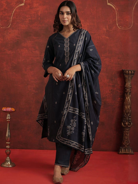 Motifs Embroidered Pure Cotton V-Neck Straight Kurta With Trousers & Dupatta