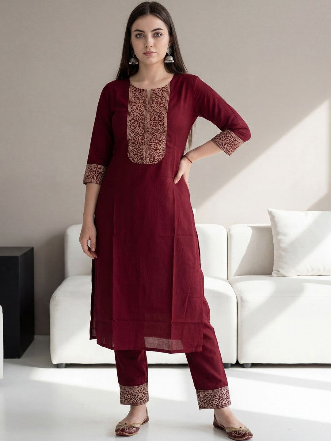 Women Ethnic Motifs Embroidered Regular Thread Work Kurta with Trousers