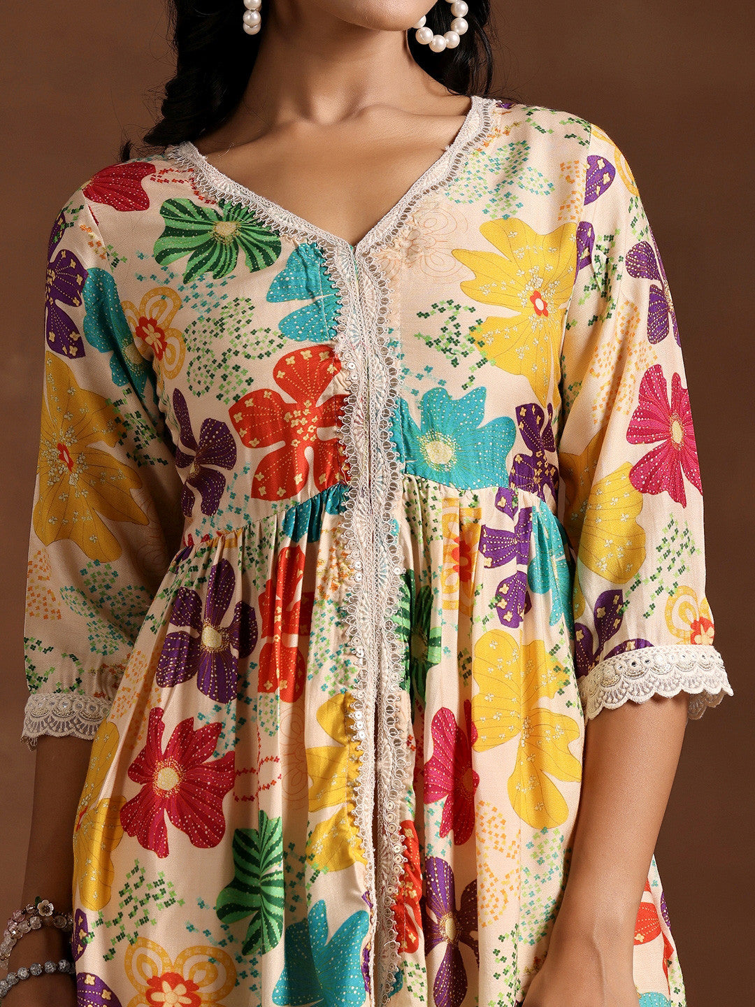 Women Floral Printed Angrakha Kurta with Trousers
