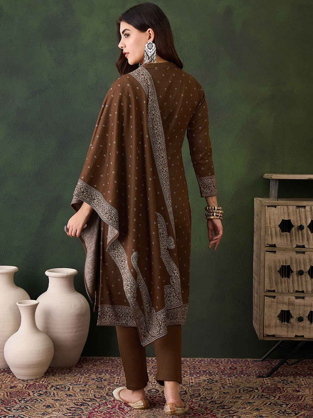 Ethnic Motifs Woven Design Mandarin Collar Straight Kurta With Trouser & Dupatta
