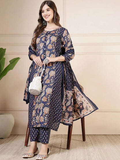 Women Floral Printed Regular Pure Cotton Kurta with Trousers & With Dupatta