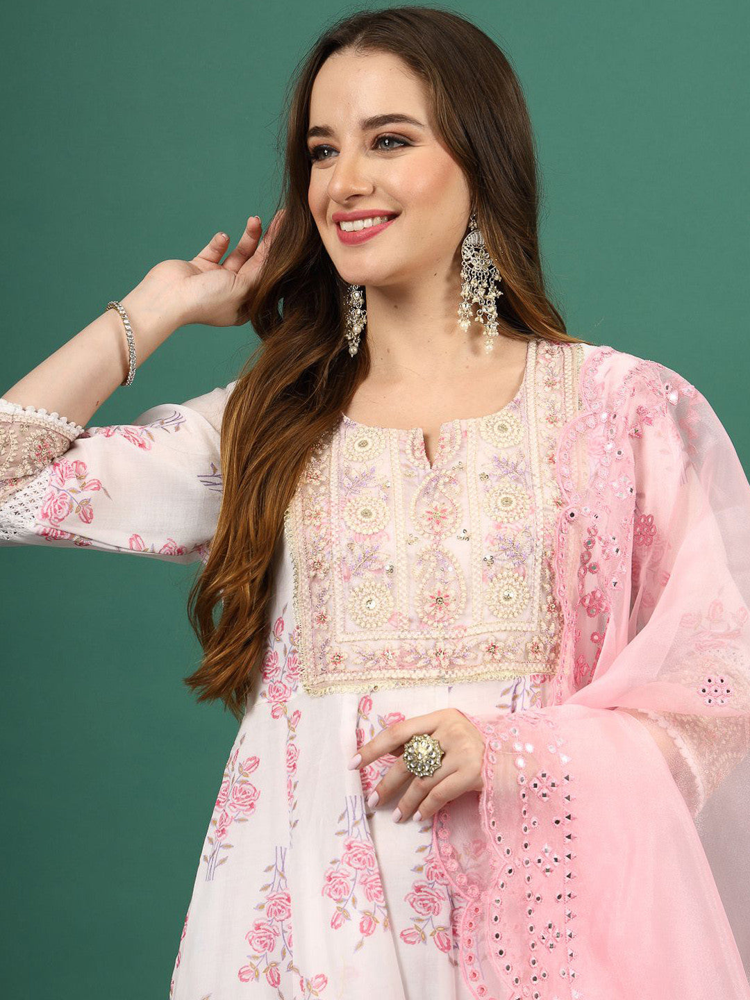 White & Pink Floral Printed Notch Neck Anarkali Kurta With Sharara & Dupatta