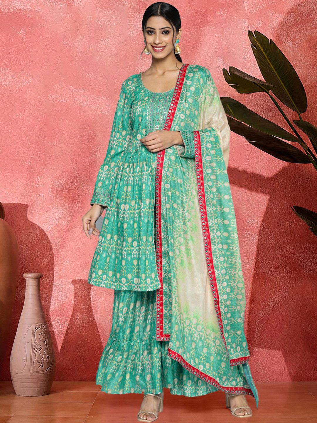 Dhiyona SN Ethnic Motifs Printed Mirror Work Pure Muslin A-Line Kurta With Sharara & Dupatta