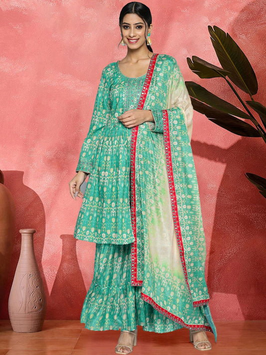 Dhiyona SN Ethnic Motifs Printed Mirror Work Pure Muslin A-Line Kurta With Sharara & Dupatta