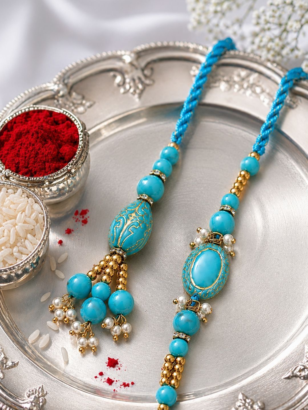 Dhiyona Set Of 2 Turquoise Blue Artificial Beads Bhaiya Bhabhi Rakhi