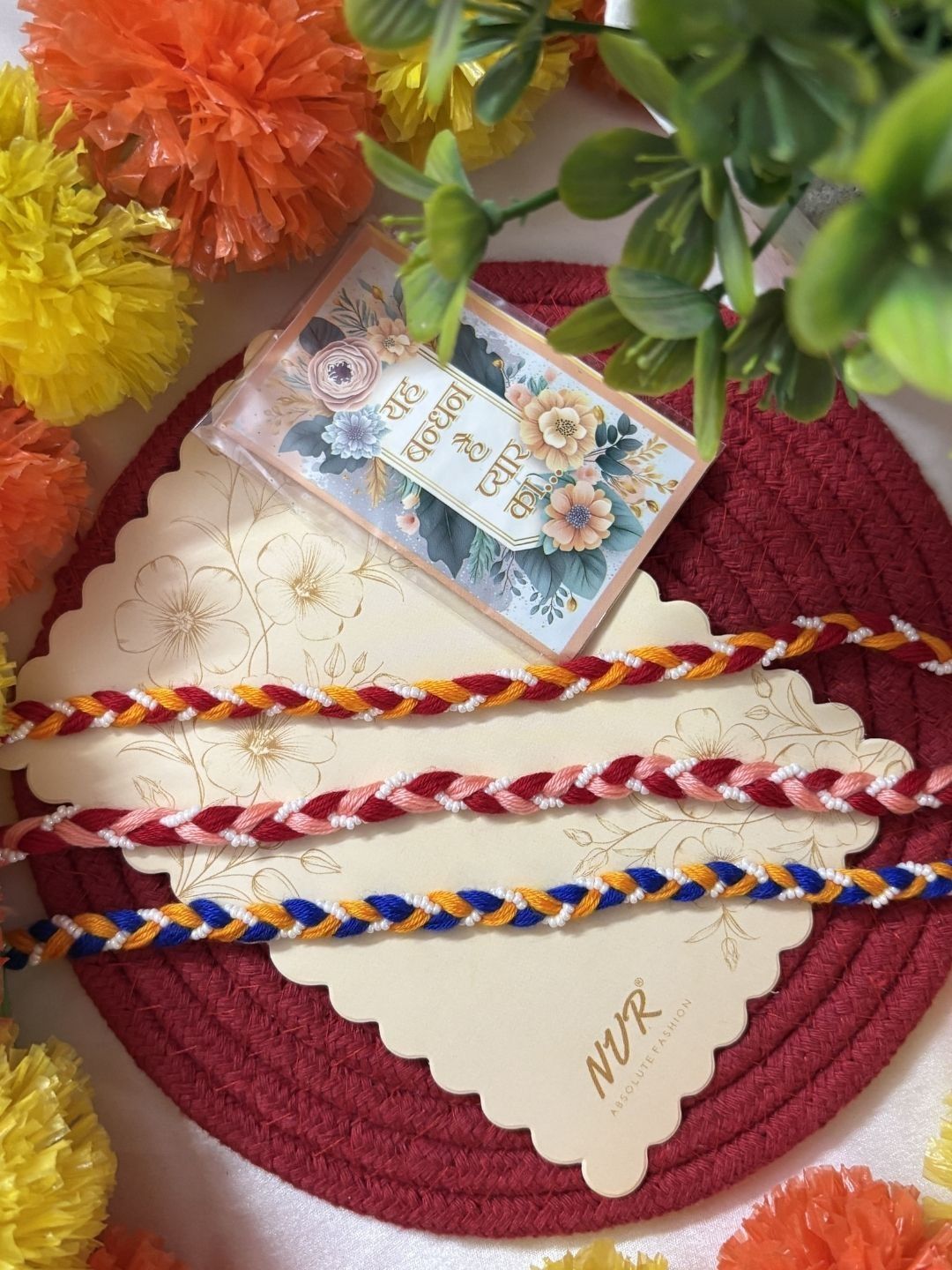 Dhiyona Set Of 3 Multicolor Thread Rakhi With Roli Chawal Chandan Mishri
