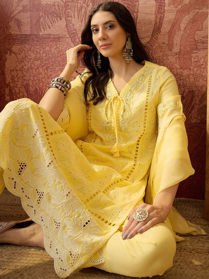 Embroidered Pure Cotton V-Neck Kurta & Trousers Kurta Set