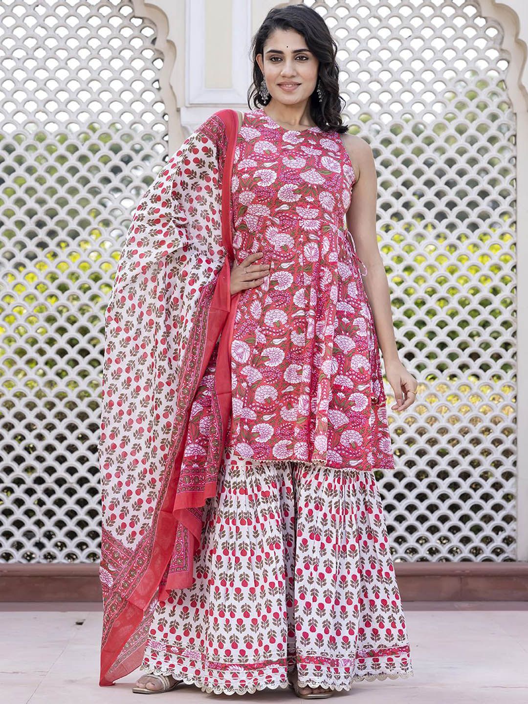Dhiyona KL Floral Printed Anarkali Pure Cotton Kurta With Palazzos & Dupatta