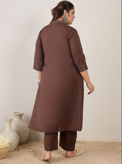 Plus Size Brown Self Design A-Line Kurta Trousers Set