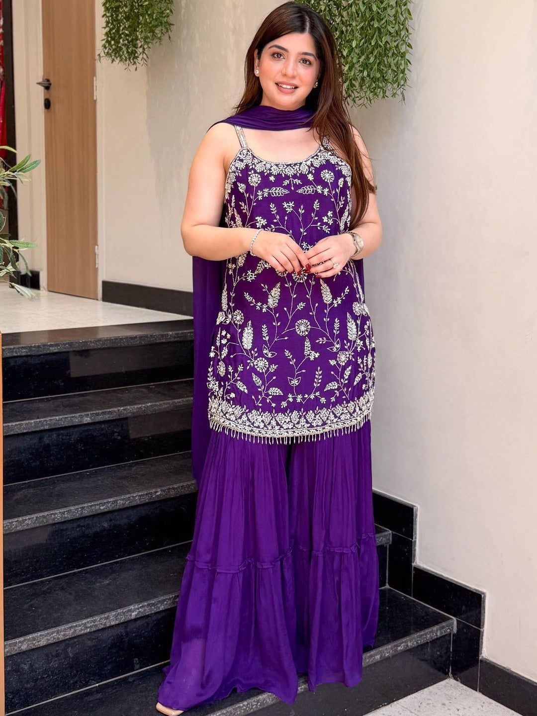 Women Ethnic Motifs Embroidered Regular Thread Work Kurta with Sharara & With Dupatta