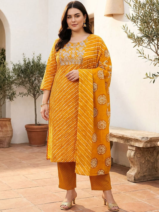 Dhiyona Women's Ethnic Motifs Striped Regular Thread Work Pure Cotton Kurta with Trousers & With Dupatta