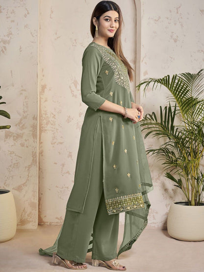 Dhiyona IN Women Floral Yoke Design Regular Sequinned Kurta with Palazzos & With Dupatta