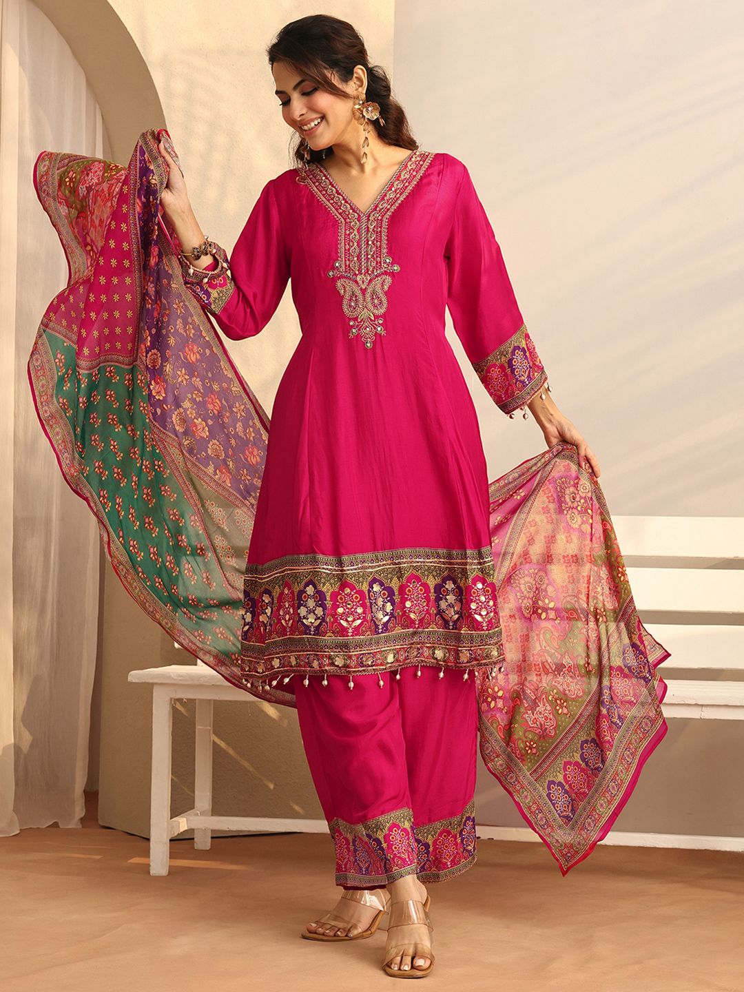Dhiyona LL Women Ethnic Motifs Embroidered Regular Mirror Work Kurta with Palazzos & With Dupatta
