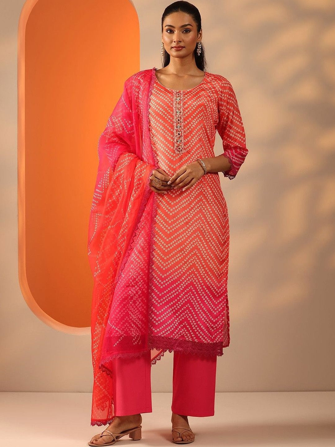 Women Leheriya Printed Regular Mirror Work Kurta with Palazzos & With Dupatta
