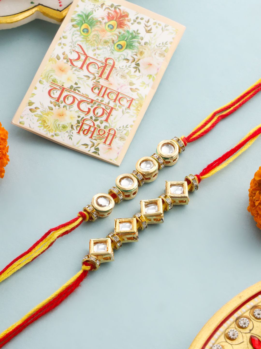 Dhiyona Kundan Studded Bhaiya Bhabhi Rakhis With Roli Chawal Chandan & Mishri