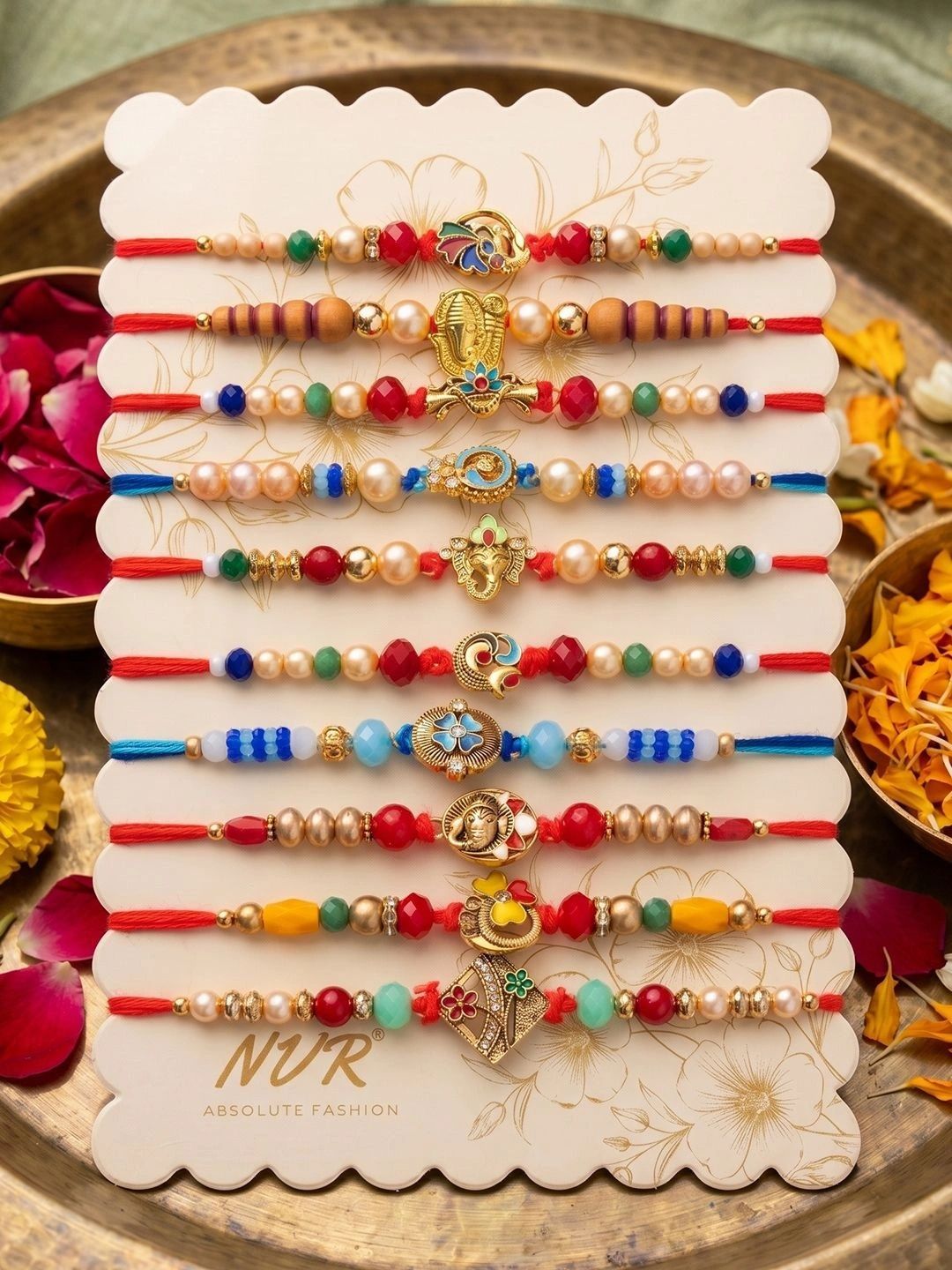 Dhiyona Set Of 10 Artificial Stones & Beads Thread Rakhi With Roli Chawal Chandan Mishri