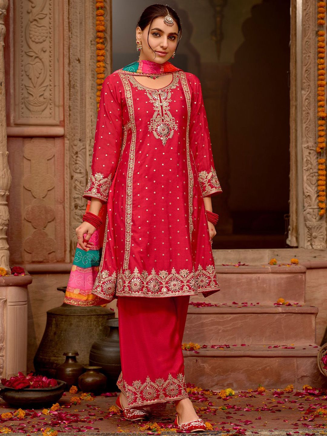 Dhiyona IE Floral Embroidered Panelled Mirror Work A-Line Kurta With Palazzos & Dupatta