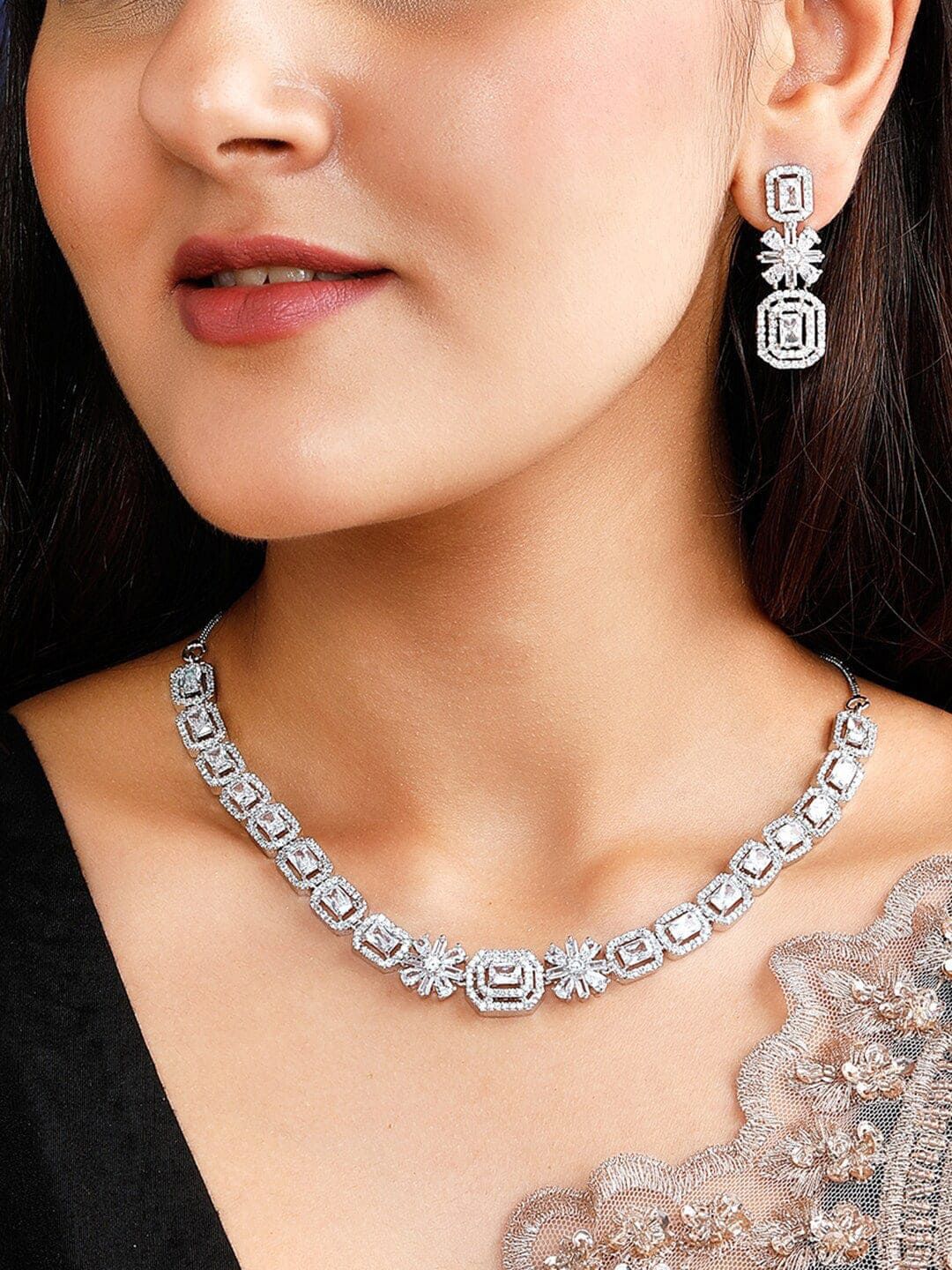 Dhiyona RJ Women's Rhodium Plated White Cubic Zirconia Stone Studded Floral Classic Jewellery Set