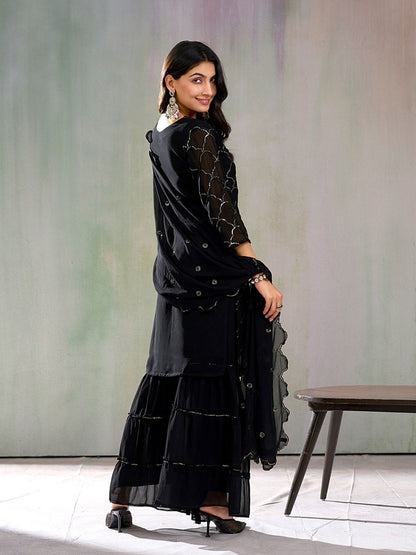 Dhiyona CH Floral Embroidered Sequinned Georgette Straight Kurta With Sharara & Dupatta