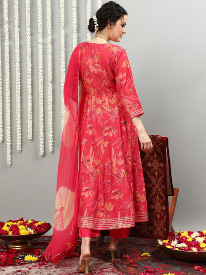 Dhiyona SN Pink Printed Pure Silk Round Neck Kurta With Trousers & Dupatta