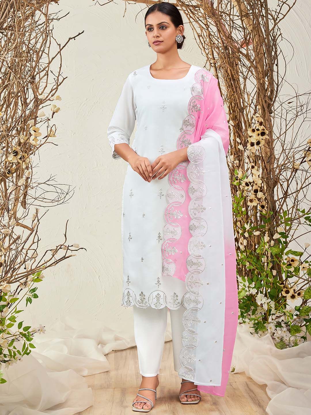 Dhiyona IE White Ethnic Motifs Embroidered Zari Detailed Kurta With Trousers & Dupatta