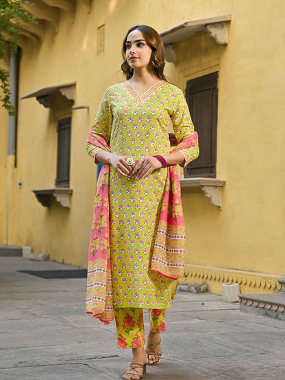 Dhiyona KL Floral Printed Straight Kurta with Trousers & Dupatta