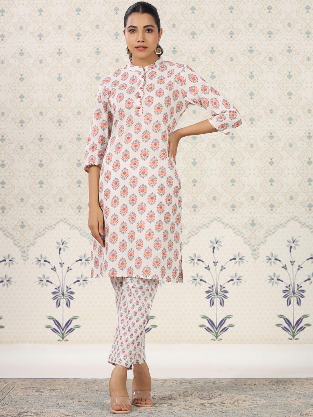 Dhiyona OD  Ethnic Motifs Printed Band Collar Pure Cotton Kurta with Trousers
