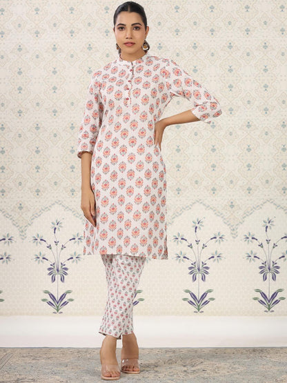 Dhiyona OD  Ethnic Motifs Printed Band Collar Pure Cotton Kurta with Trousers