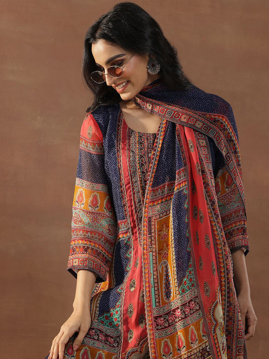 Red Ethnic Motifs Printed Beads and Stones Straight Kurta With Trouser & Dupatta