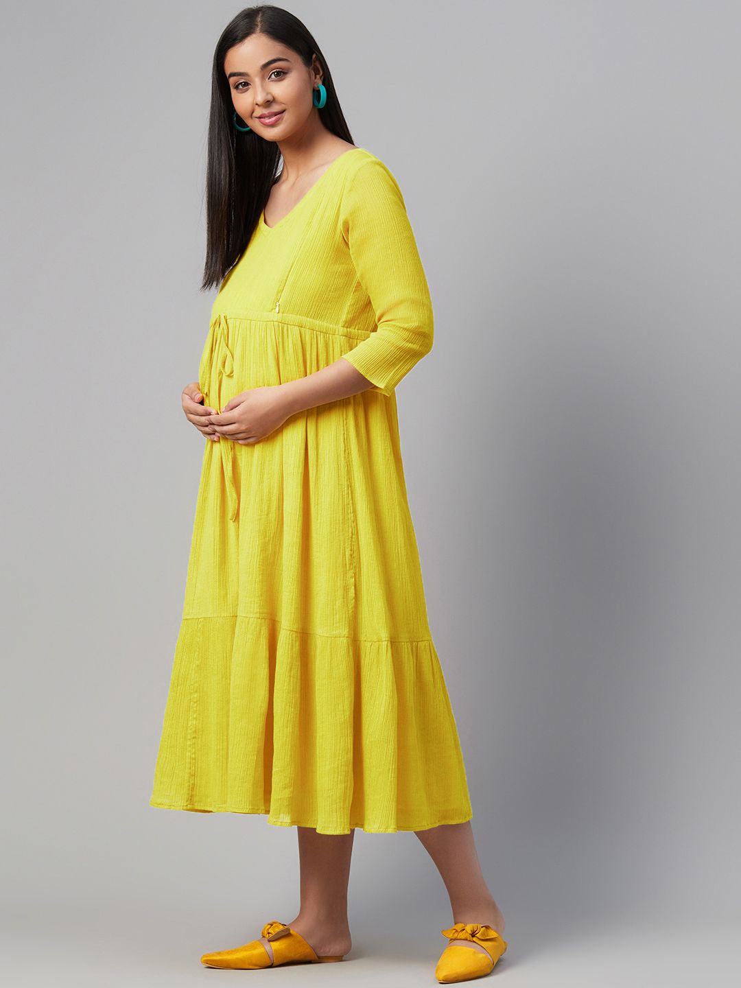 Dhiyona AY Women's Lime Green Solid Tiered Maternity A-Line Dress