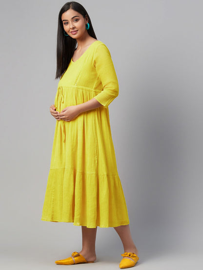 Dhiyona AY Women's Lime Green Solid Tiered Maternity A-Line Dress