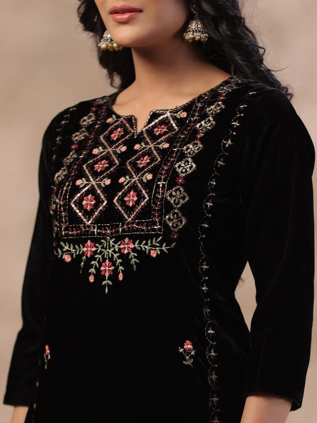 Dhiyona IS Women's Ethnic Motifs Thread Work Notch Neck Velvet Yoke Design Kurta With Trouser & Dupatta