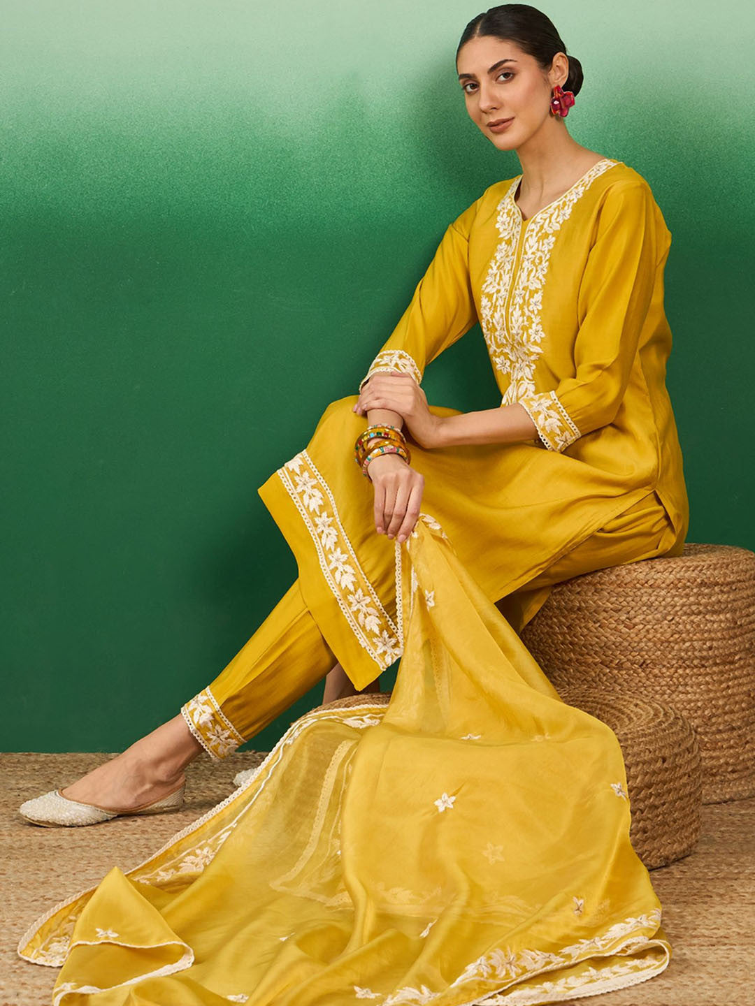Mustard Yellow Floral Embroidered Straight Kurta With Trousers & Dupatta