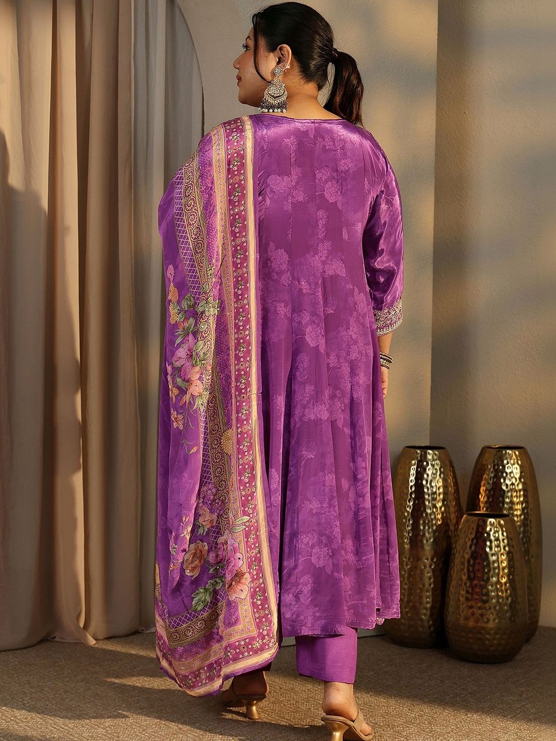 Dhiyona Women's Plus Size Ethnic Motifs Embroidered Kurta with Trouser & Dupatta
