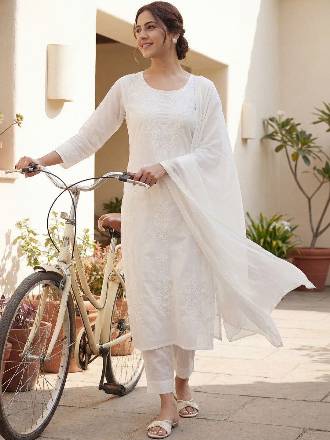 Women Ethnic Motifs Embroidered Regular Chikankari Pure Cotton Kurta with Trousers & With Dupatta