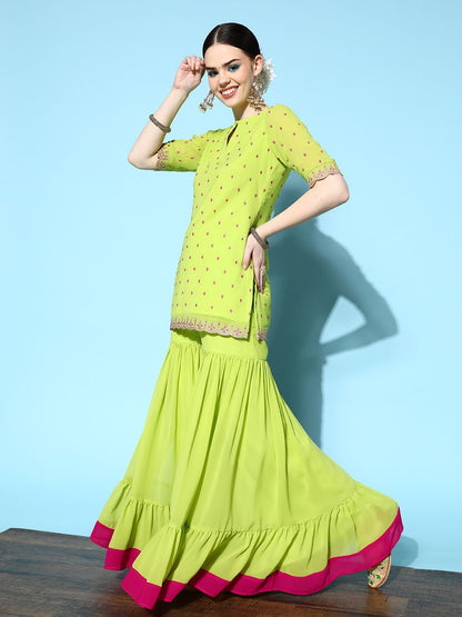 Dhiyona IN Women Green Ethnic Motifs Embroidered Thread Work Kurta with Sharara & Dupatta