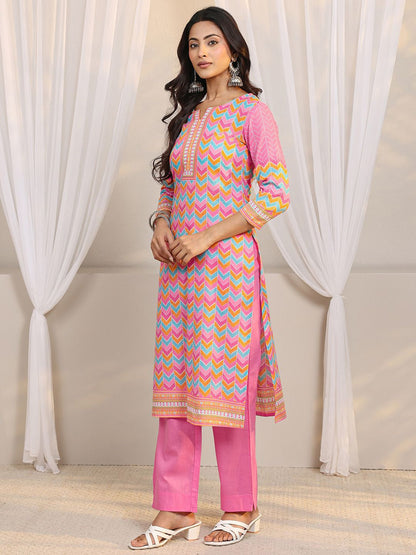Libas Pink Chevron Printed Straight Suit Set with Dupatta