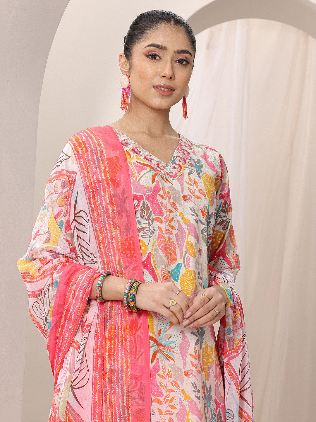 White Floral Printed V-Neck Thread Work Straight Kurta With Trousers & Dupatta