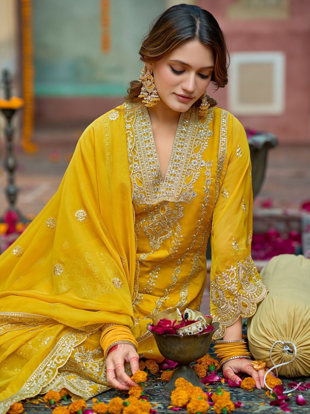 Dhiyona IE Floral Embroidered V-Neck Zari Organza Kurta With Trousers And Dupatta