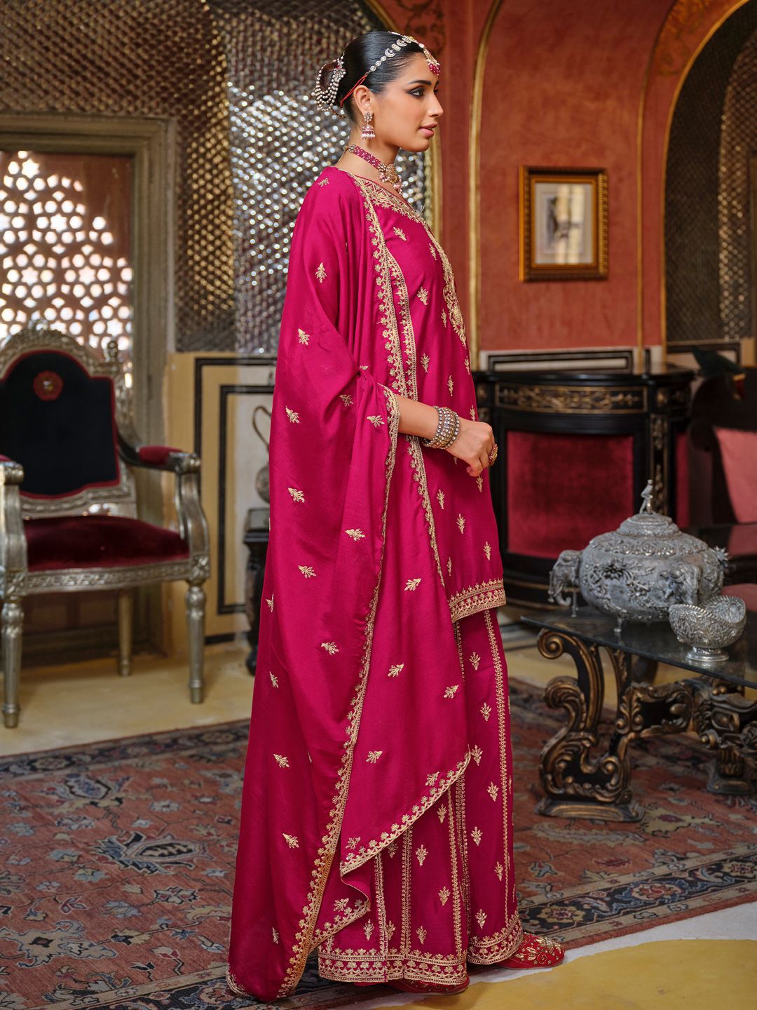 Adults-Women Woven Design Embroidered Kurta with Palazzos & Dupatta