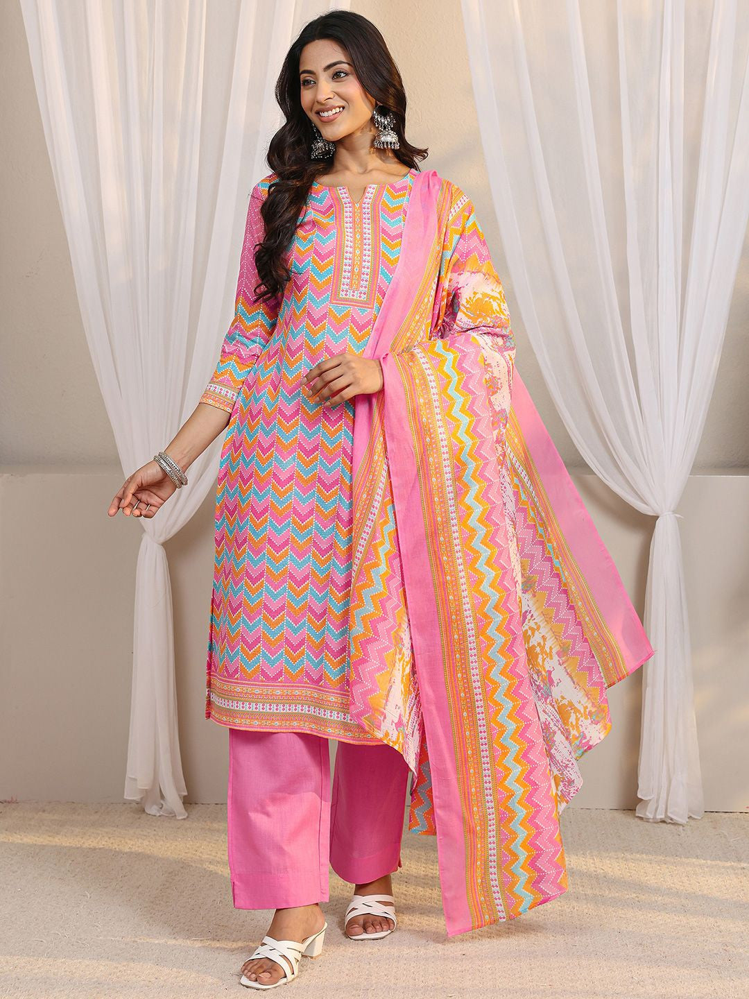 Libas Pink Chevron Printed Straight Suit Set with Dupatta