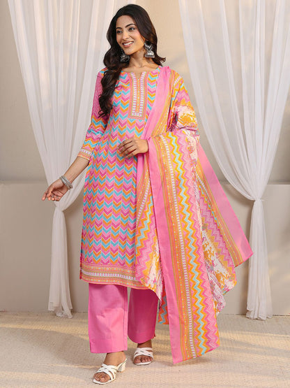 Libas Pink Chevron Printed Straight Suit Set with Dupatta