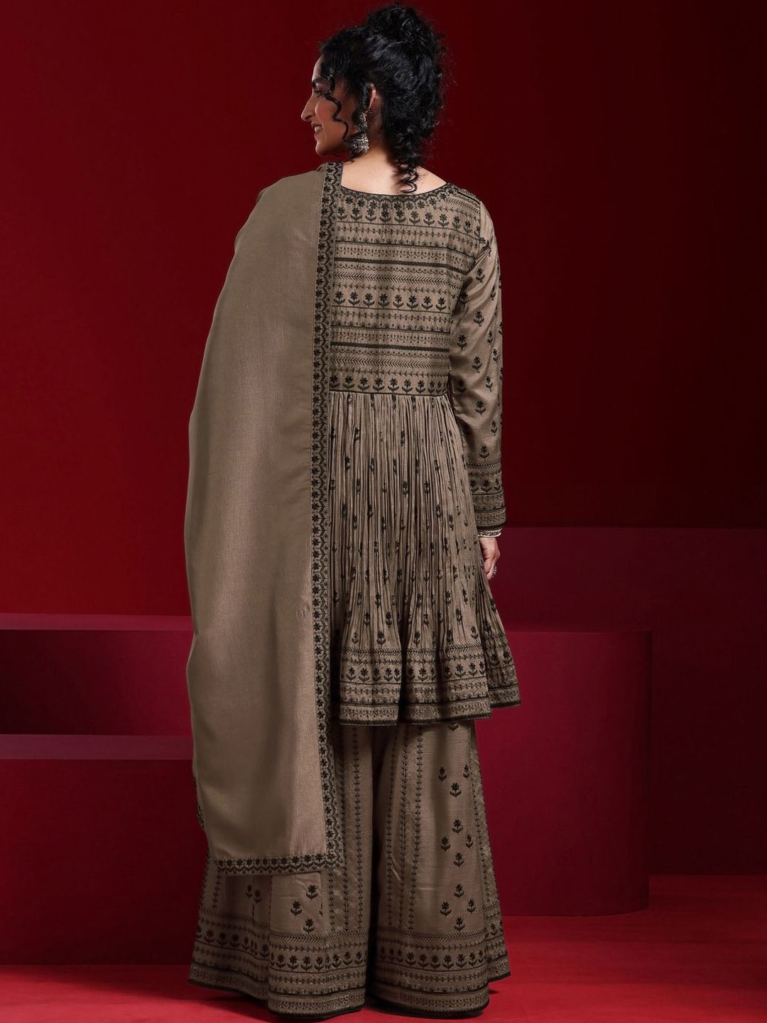 Dhiyona LL Womens Brown Embroidered A-Line Kurta With Sharara & Dupatta